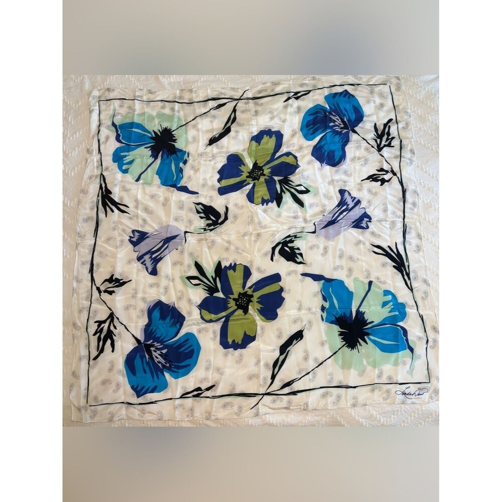 VTG NEW Silk Scarf Large Square 42" Hand Rolled Linda Dano Blue Bold Floral Box